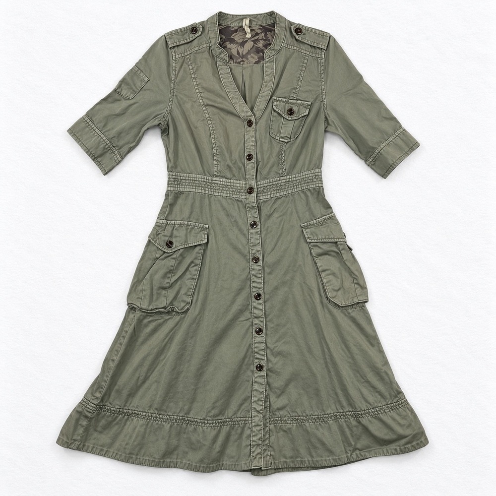 Maeve Anthropologie Olive Green Utility Cotton Midi Shirt Dress Size 6